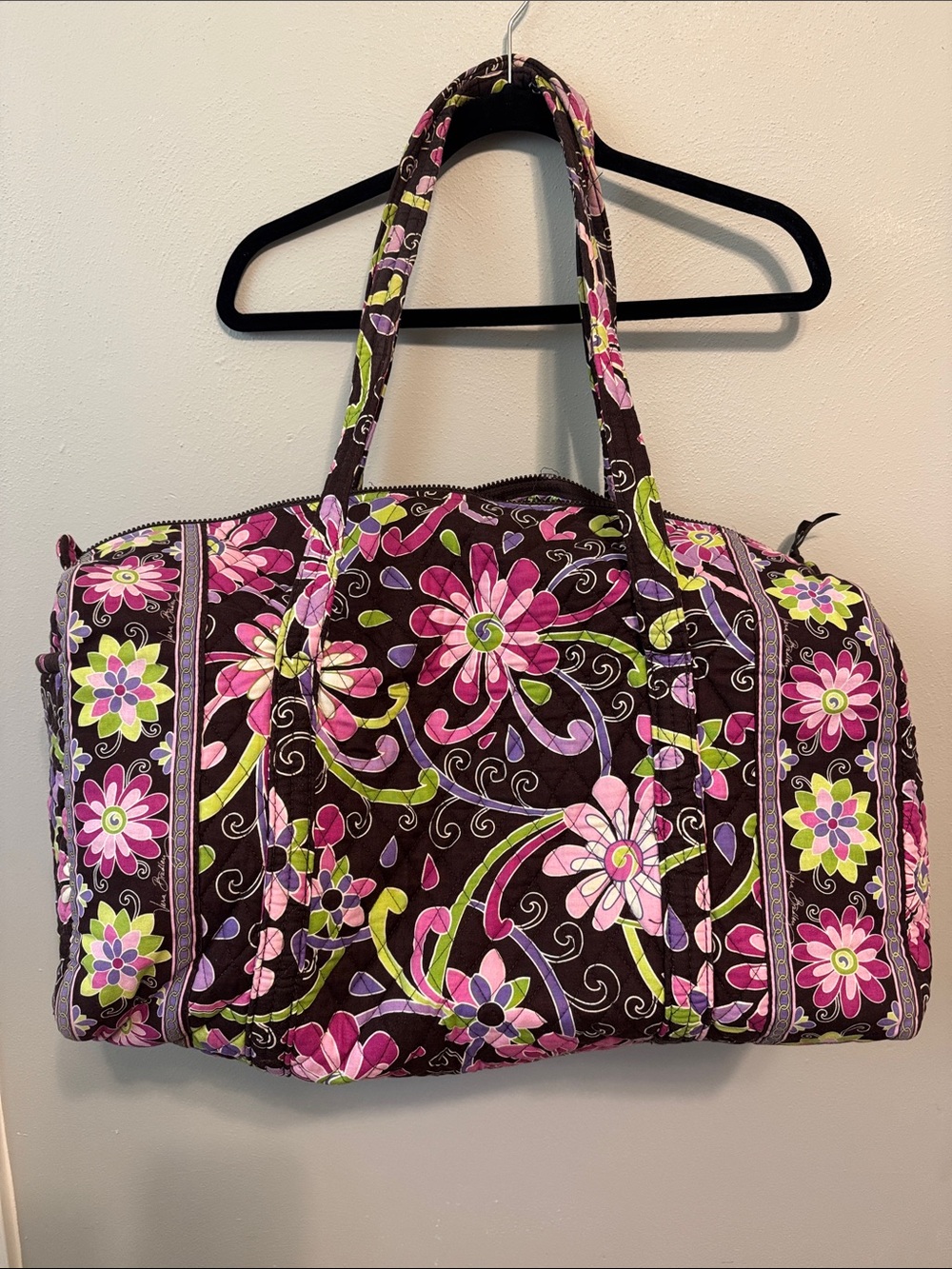 Vera Bradley Quilted Floral Travel Duffel - Pink, Green & Purple on Brown